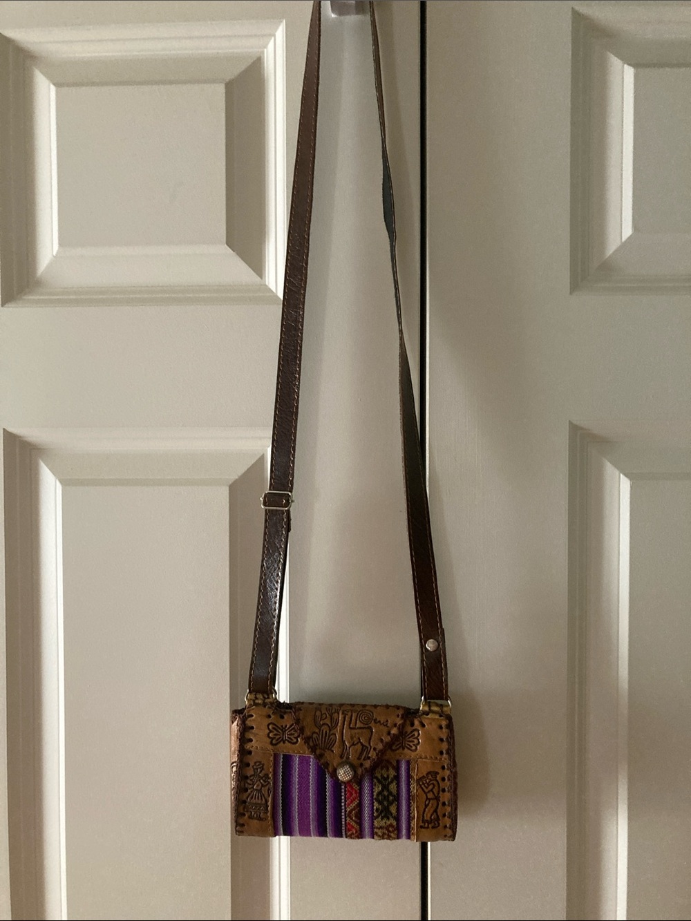 Hand made Peruvian/Andean style tooled leather & woven textile crossbody bag